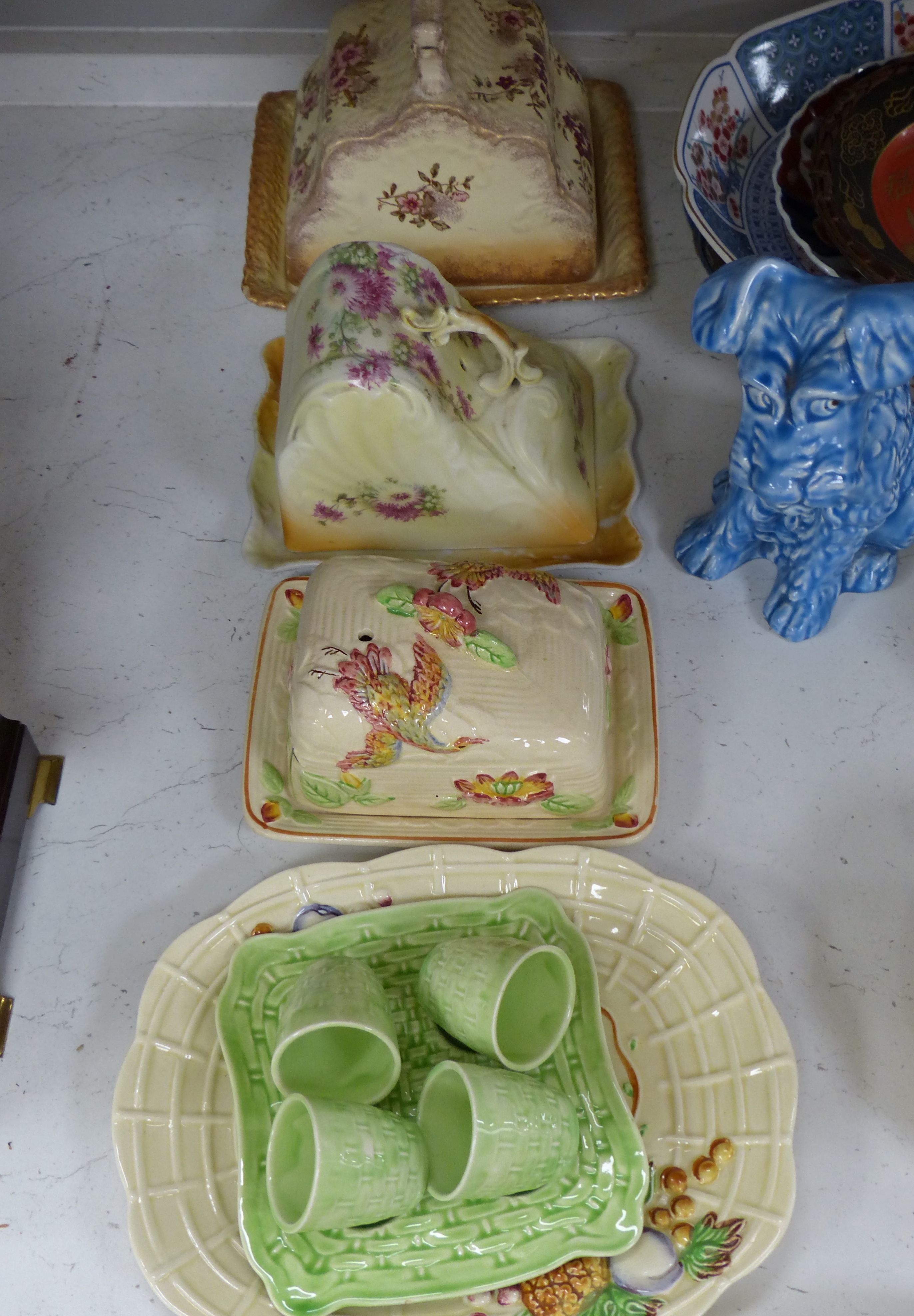 Miscellaneous china, including three cheese dishes, a Beswick preserve pot and cover, Carlton Ware and Imari dishes, etc.